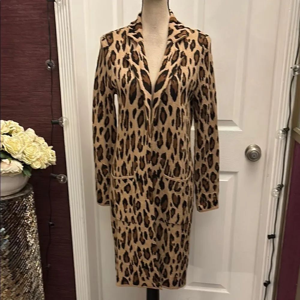 Chico’s Leopard Print cotton/rayon open front Long Coat, XS